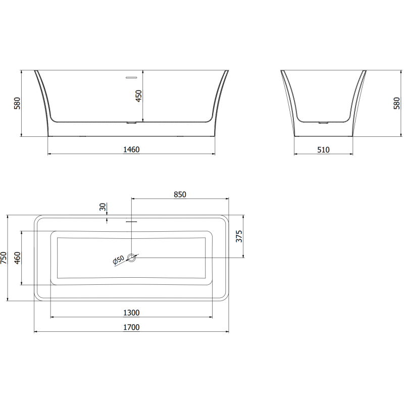 Mexen Tonia volně stojící vana 170 x 75 cm, bílá, přepad růžové zlato - 52171707500-60