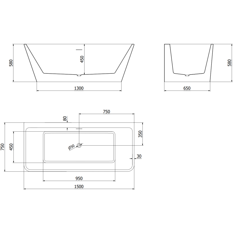 Mexen Volta volně stojící přisazená vana 150 x 75 cm, bílá, přepad gun gray kartáčovaný - 51131507500-66