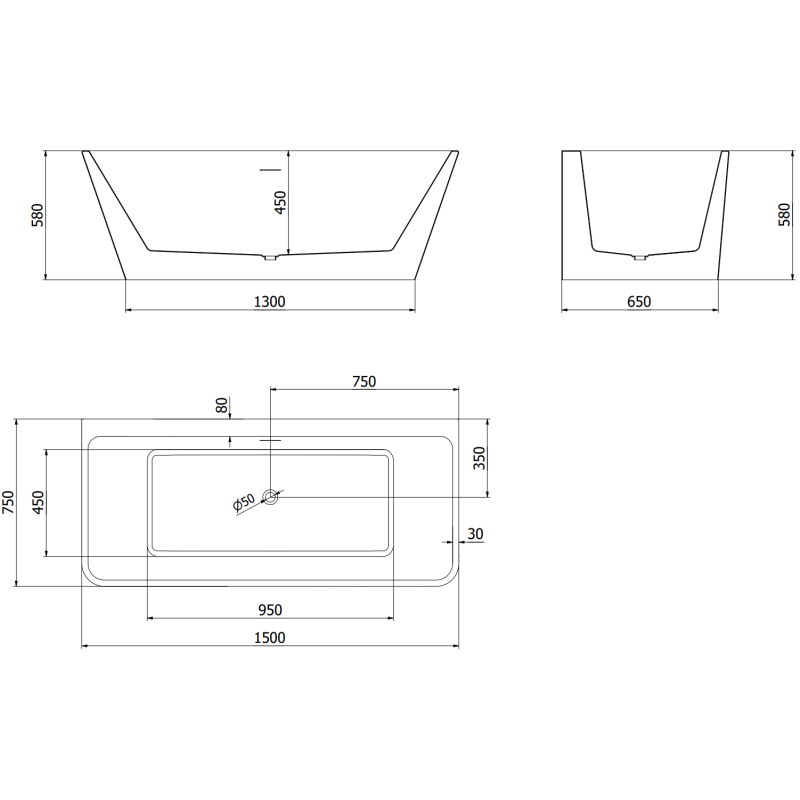 Mexen Volta samostatně stojící přisazená vana 150 x 75 cm, bílá/černá, černý přepad - 51131507575-70