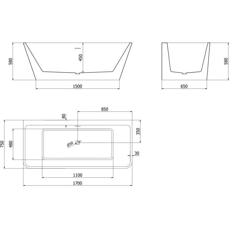 Mexen Volta volně stojící nástěnná vana 170 x 75 cm, bílá/černá, přepad růžové zlato - 51131707575-60