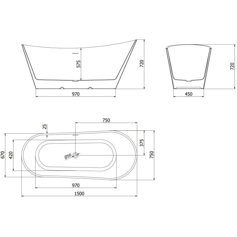 Mexen Dora volně stojící vana 150 x 75 cm, bílá, přepadová gun metal - 52071507500-95