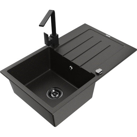 Mexen Bruno jednorohový granitový dřez s odkapávačem a kuchyňskou baterií Rita, černý/zlatý metalik - 6513-75-670300-70-B