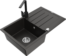 Mexen Bruno granitový dřez 1-komorový s odkapávačem a kuchyňskou baterií Rita, černý/zlatý metalik - 6513-75-670300-70