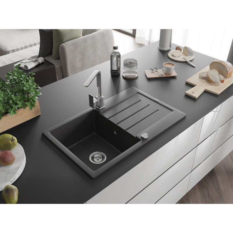 Mexen Bruno žulový dřez 1-komorový s odkapávačem a kuchyňskou baterií Rita, černý kropenatý - 6513-76-670300-00