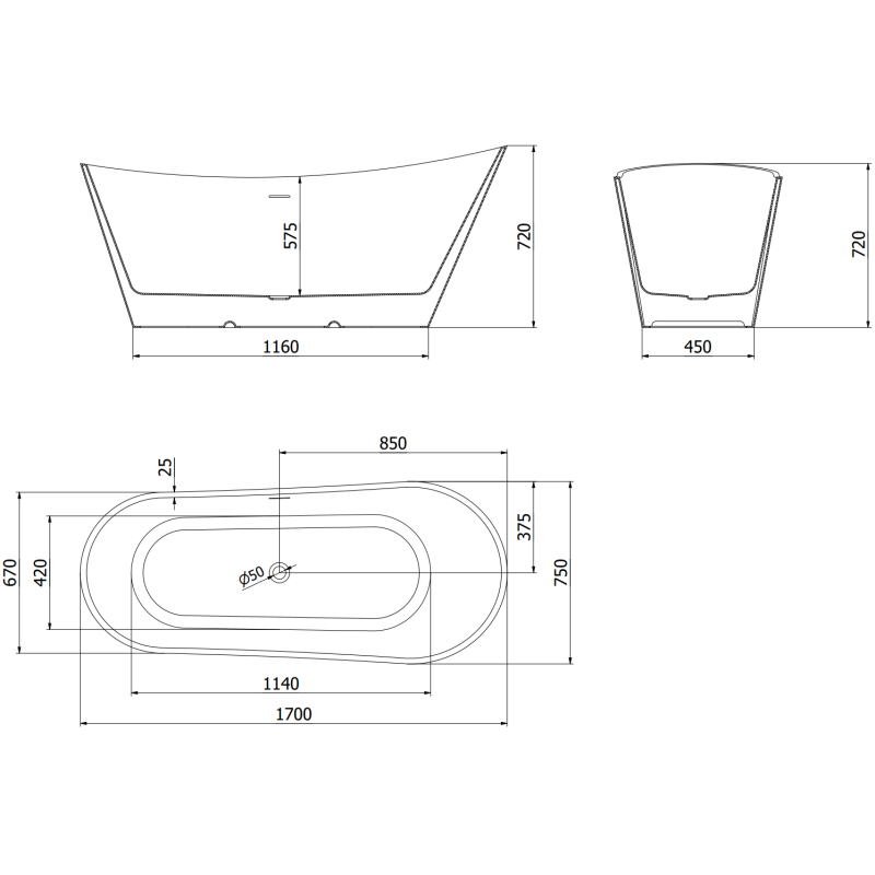 Mexen Dora volně stojící vana 170 x 75 cm, bílá, přepad zlatý kartáčovaný - 52071707500-55