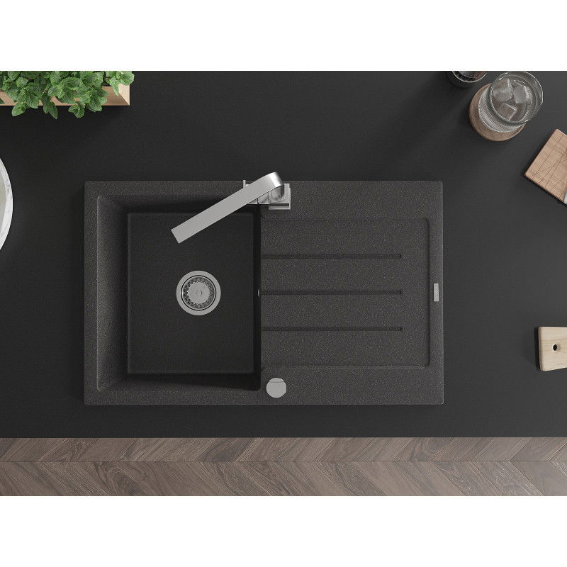 Mexen Bruno jednokomorový granitový dřez s odkapávačem a kuchyňskou baterií Rita, černý skvrnitý - 6513-76-670300-00