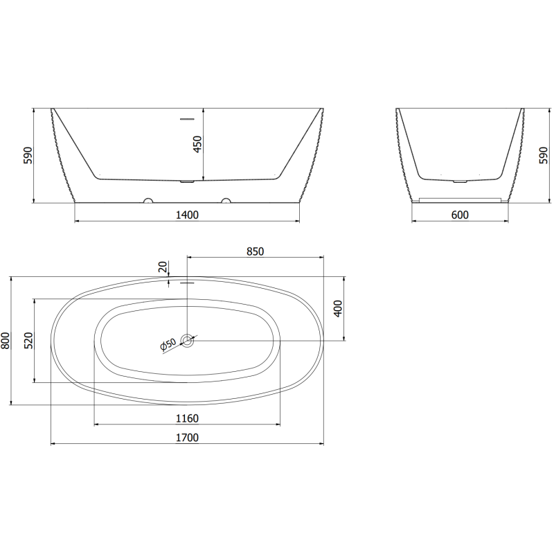 Mexen Lira volně stojící vana vzor 170 x 80 cm, bílá/černá, přepad gun gray kartáčovaný - 52831708075-66