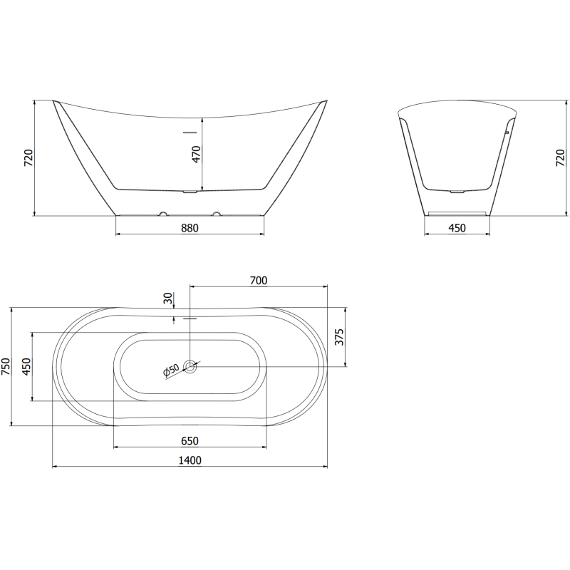 Mexen Lotos volně stojící vana 140 x 75 cm, bílá/černá, přepad černý - 52051407775-70