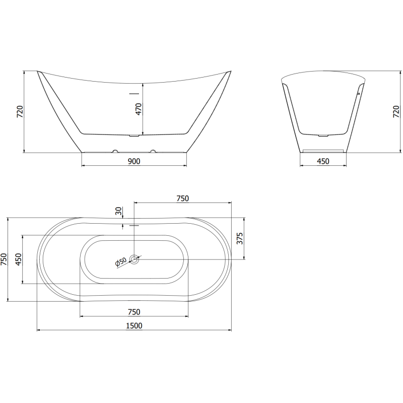 Mexen Lotos volně stojící vana 150 x 75 cm, bílá, přepad zlatý - 52051507700-50