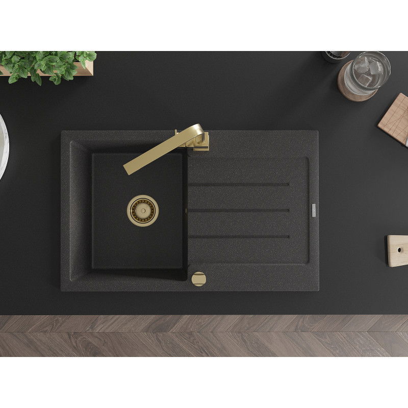 Mexen Bruno granitový dřez 1-komorový s odkapávačem a kuchyňskou baterií Rita, černý skvrnitý - 6513-76-670300-50
