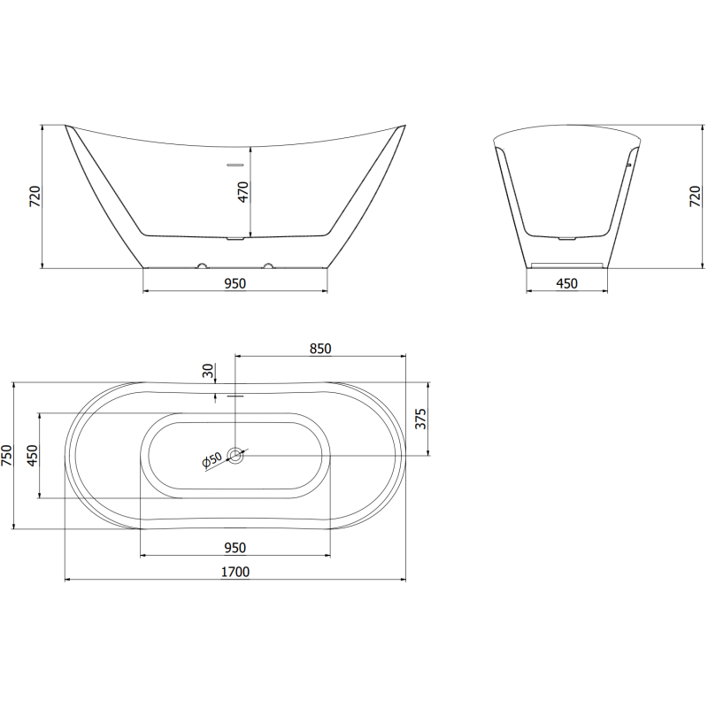 Mexen Lotos volně stojící vana 170 x 75 cm, bílá, přepad zlatý kartáčovaný - 52051707700-55