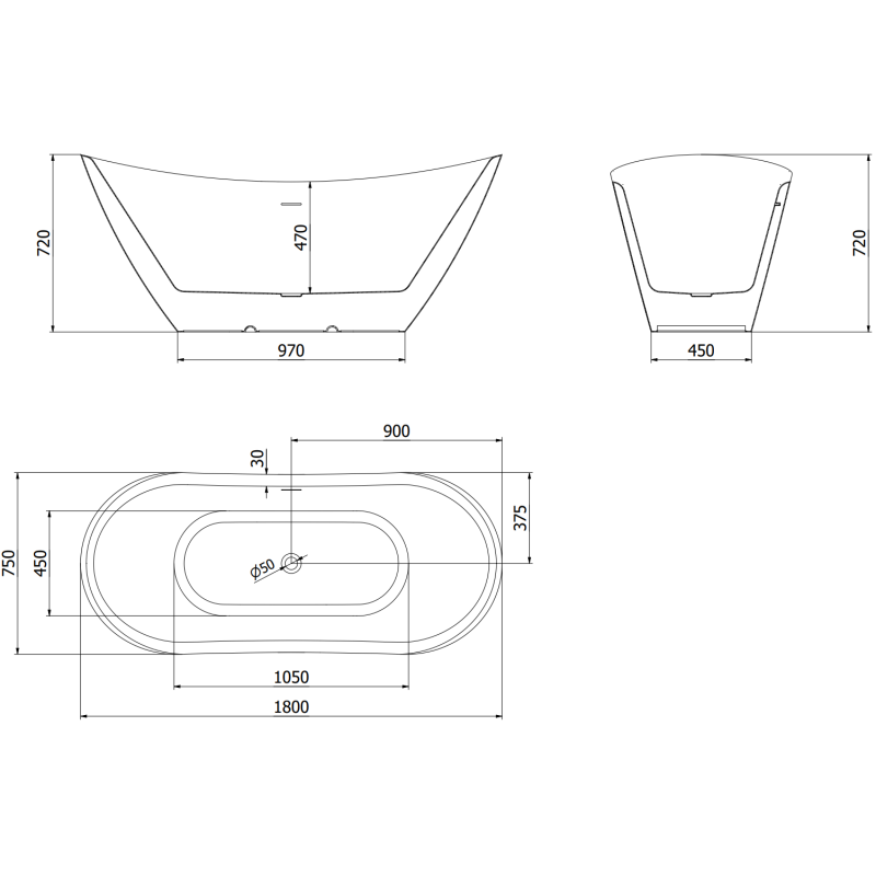 Mexen Lotos volně stojící vana 180 x 75 cm, bílá, černý přepad - 52051807700-70