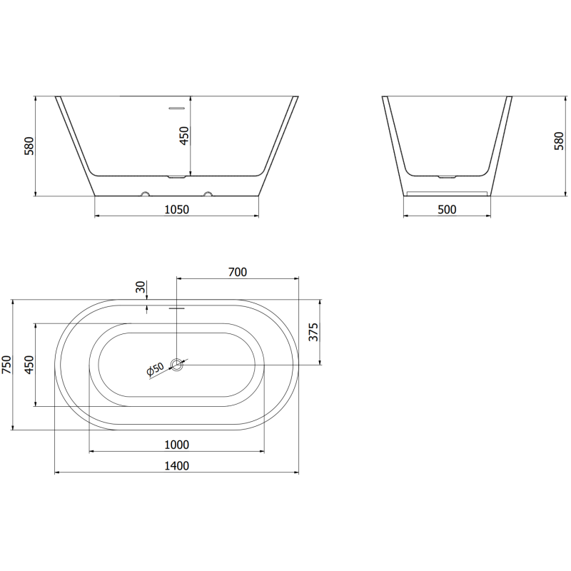 Mexen Luna volně stojící vana 140 x 75 cm, bílá/černá, bílý přepad - 52031407575-20