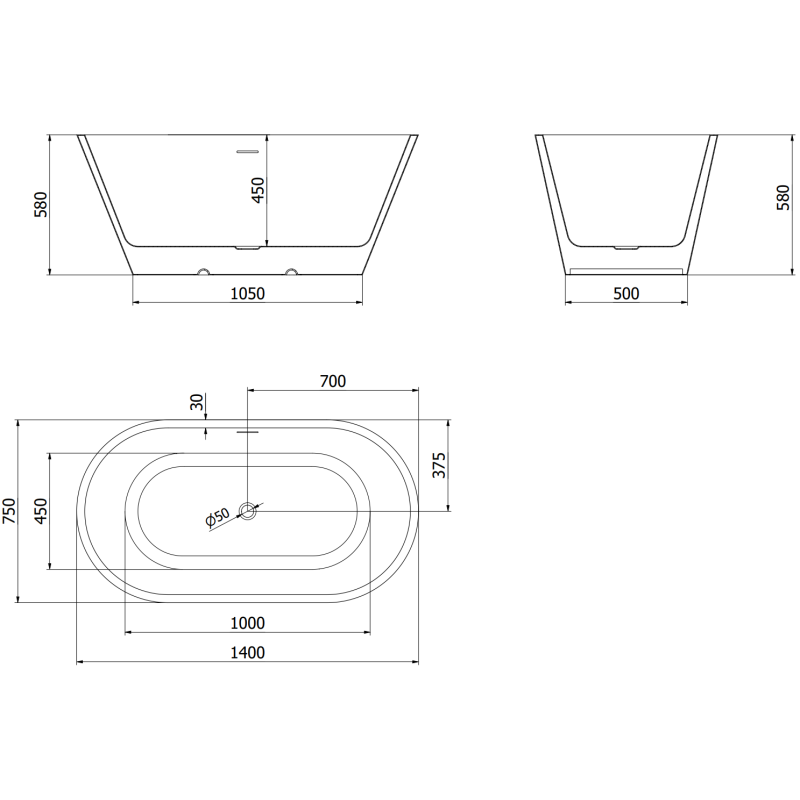 Mexen Luna volně stojící vana 140 x 75 cm, bílá/černá, přepad zlatý kartáčovaný - 52031407575-55