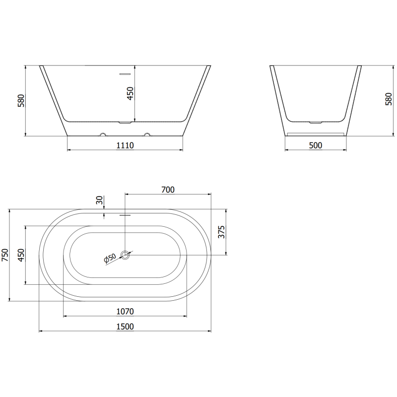 Mexen Luna volně stojící vana 150 x 75 cm, bílá/černá, přeliv kartáčovaná měď - 52031507575-65