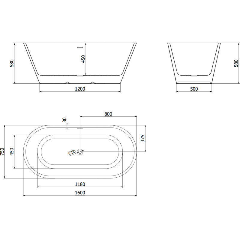 Mexen Luna volně stojící vana 160 x 75 cm, bílá, přepad gun šedý kartáčovaný - 52031607500-66