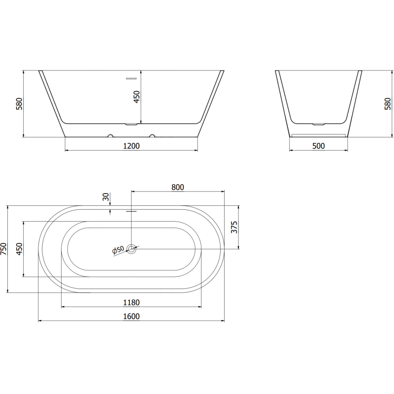 Mexen Luna volně stojící vana 160 x 75 cm, bílá/černá, přepad gun gray kartáčovaný - 52031607575-66