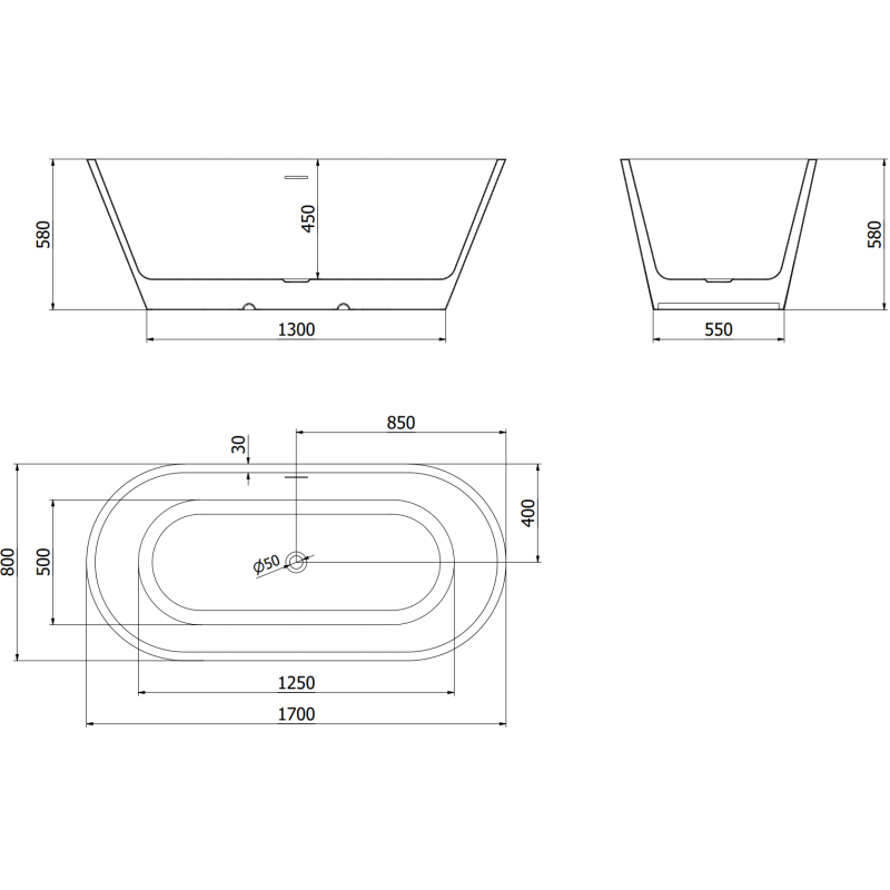 Mexen Luna volně stojící vana 170 x 80 cm, bílá, černý přepad - 52031708000-70