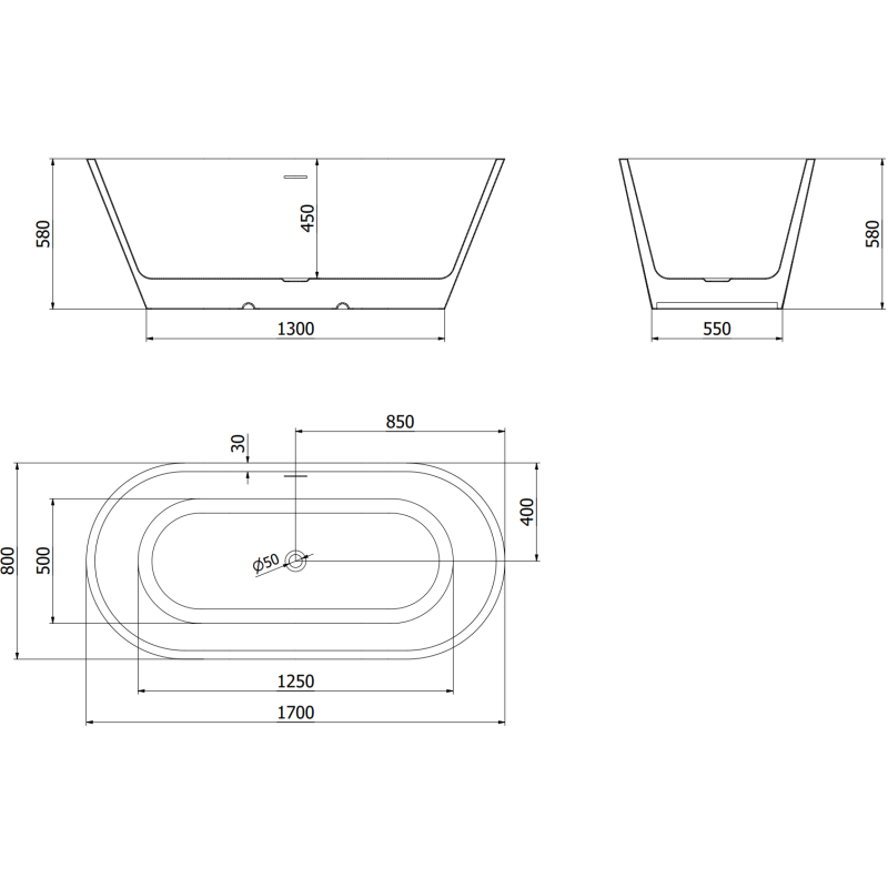 Mexen Luna volně stojící vana 170 x 80 cm, bílá/černá, přepad růžové zlato - 52031708075-60