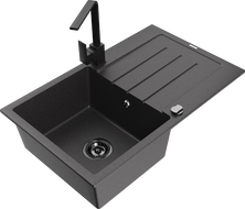 Mexen Bruno granitový dřez s jednou komorou a odkapávačem a kuchyňskou baterií Rita, černý s tečkami - 6513-76-670300-70-B