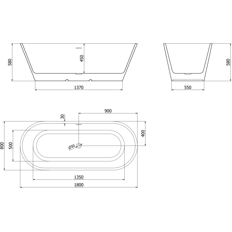Mexen Luna volně stojící vana 180 x 80 cm, bílá/černá, přepad zlatý - 52031808075-50