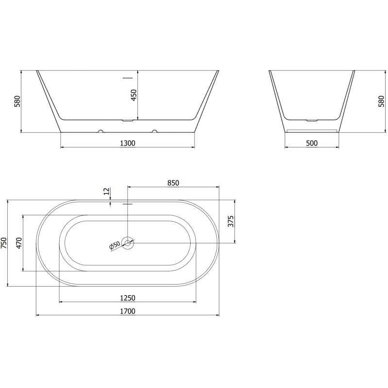 Mexen Luna Slim volně stojící vana 170 x 75 cm, bílá, přepad zlatý kartáčovaný - 52041707500-55