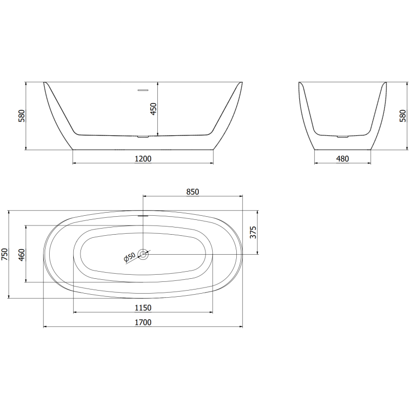 Mexen Luvo Slim volně stojící vana 170 x 75 cm, bílá, přepad černý - 52801707500-70