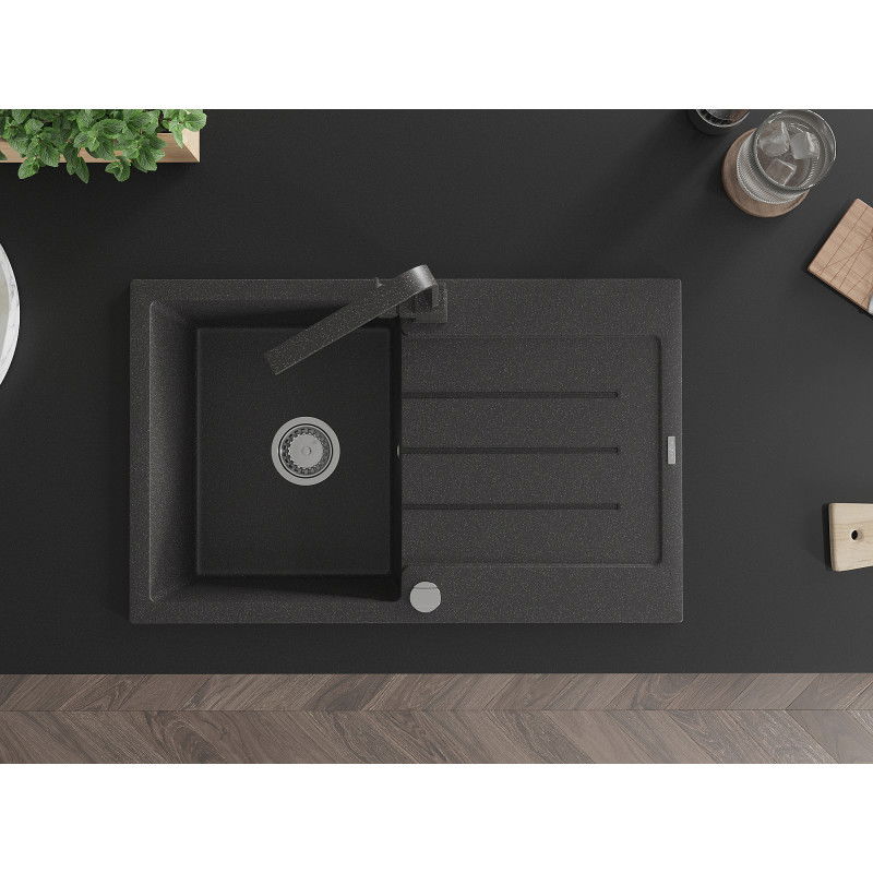 Mexen Bruno granitový dřez 1-komorový s odkapávačem a kuchyňskou baterií Rita, černý tečkovaný - 6513-76-670300-76