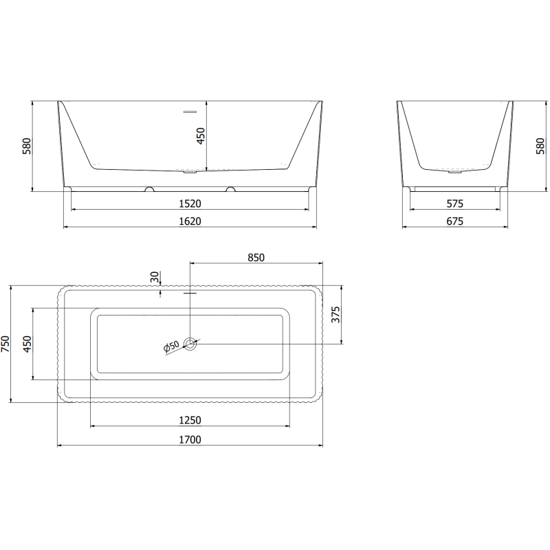 Mexen Nila volně stojící vana rýhovaná 170 x 75 cm, bílá/černá, přepad kartáčovaná měď - 52841708075-65
