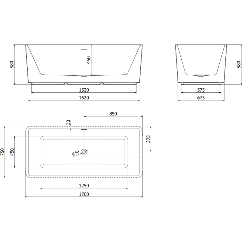 Mexen Nila volně stojící vana s rýhováním 170 x 75 cm, bílá/černá, černý přepad - 52841708075-70