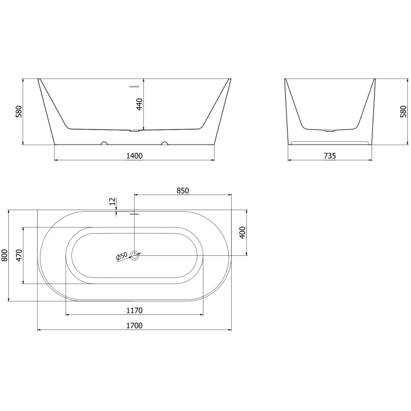 Mexen Oval Slim volně stojící přistěnná vana 170 x 80 cm, bílá, přepad černý - 52661708000-70