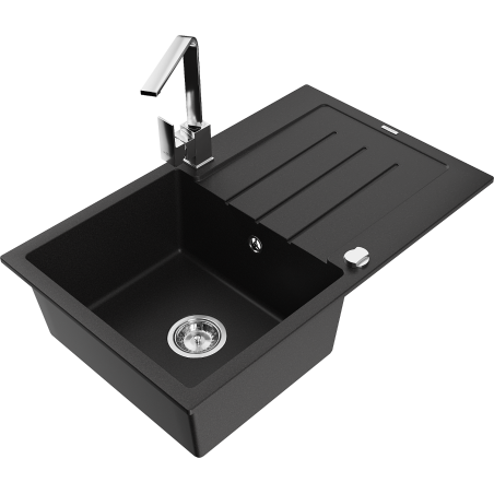 Mexen Bruno granitový dřez 1-komorový s odkapávačem a kuchyňskou baterií Rita, černý - 6513-77-670300-00