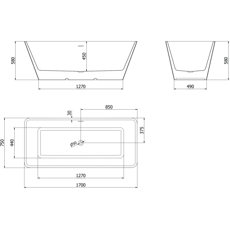 Mexen Tava samostatně stojící vana rýhovaná 170 x 75 cm, bílá, přepad zlatý - 52851707500-50
