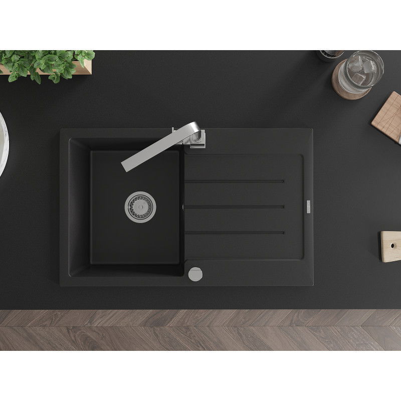 Mexen Bruno granitový dřez 1-komorový s odkapávačem a kuchyňskou baterií Rita, černý - 6513-77-670300-00