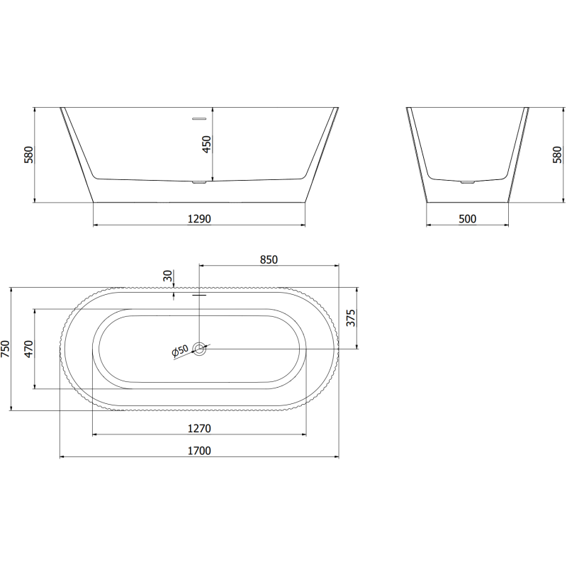 Mexen Yara volně stojící vana drážkovaná 170 x 75 cm, bílá, černý přepad - 52861707500-70
