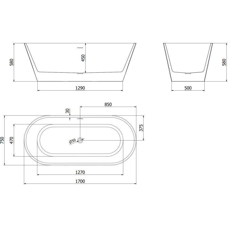Mexen Yara volně stojící vana rýhovaná 170 x 75 cm, bílá, přepad kartáčovaný nikl - 52861707500-97