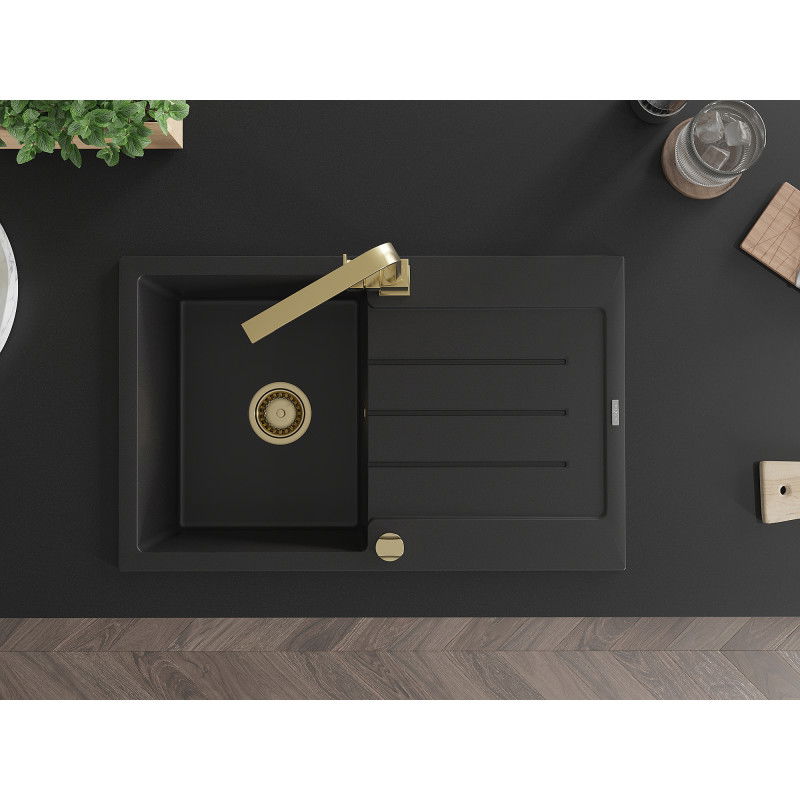 Mexen Bruno granitový dřez 1-komorový s odkapávačem a kuchyňskou baterií Rita, černý - 6513-77-670300-50