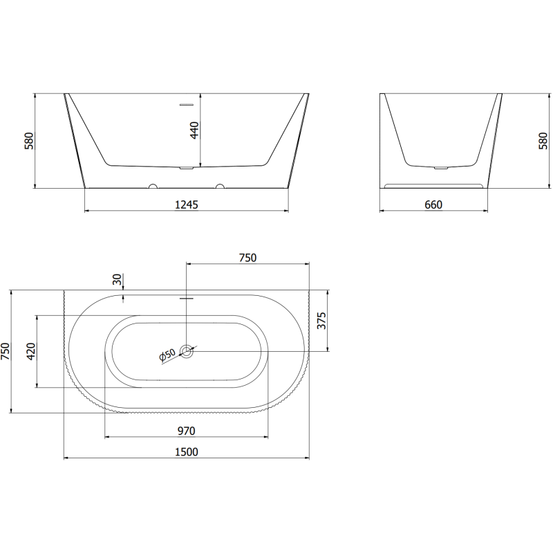Mexen Oris wanna wolnostojąca přisazená se strukturou 150 x 75 cm, bílá/černá, přepad růžové zlato - 52871507575-60