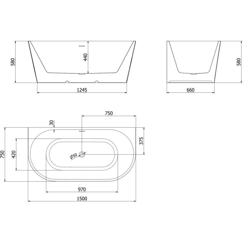 Mexen Oris volně stojící stěnová vana ryhovaná 150 x 75 cm, bílá/černá, přepad měď kartáčovaná - 52871507575-65