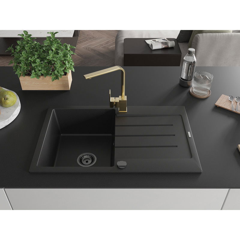 Mexen Bruno granitový dřez s 1 komorou, odkapávačem a kuchyňskou baterií Rita, černý - 6513-77-670300-50-B