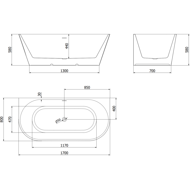 Mexen Oris volně stojící vana ke stěně, vroubkovaná 170 x 80 cm, bílá/černá, přepad zlatý kartáčovaný - 52871708075-55
