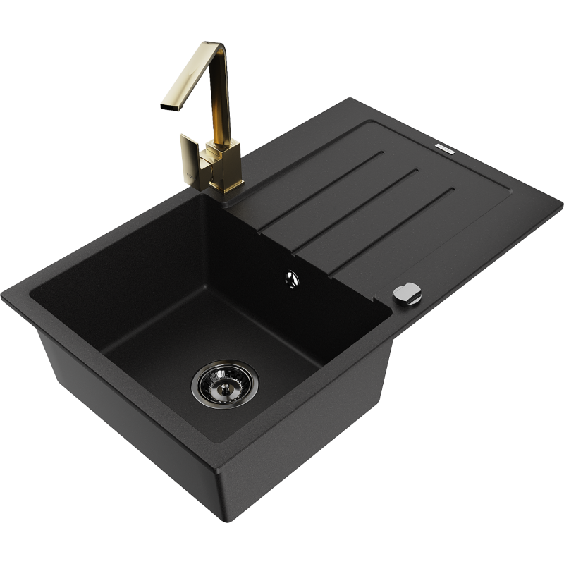 Mexen Bruno granitový dřez s 1 komorou, odkapávačem a kuchyňskou baterií Rita, černý - 6513-77-670300-50-B