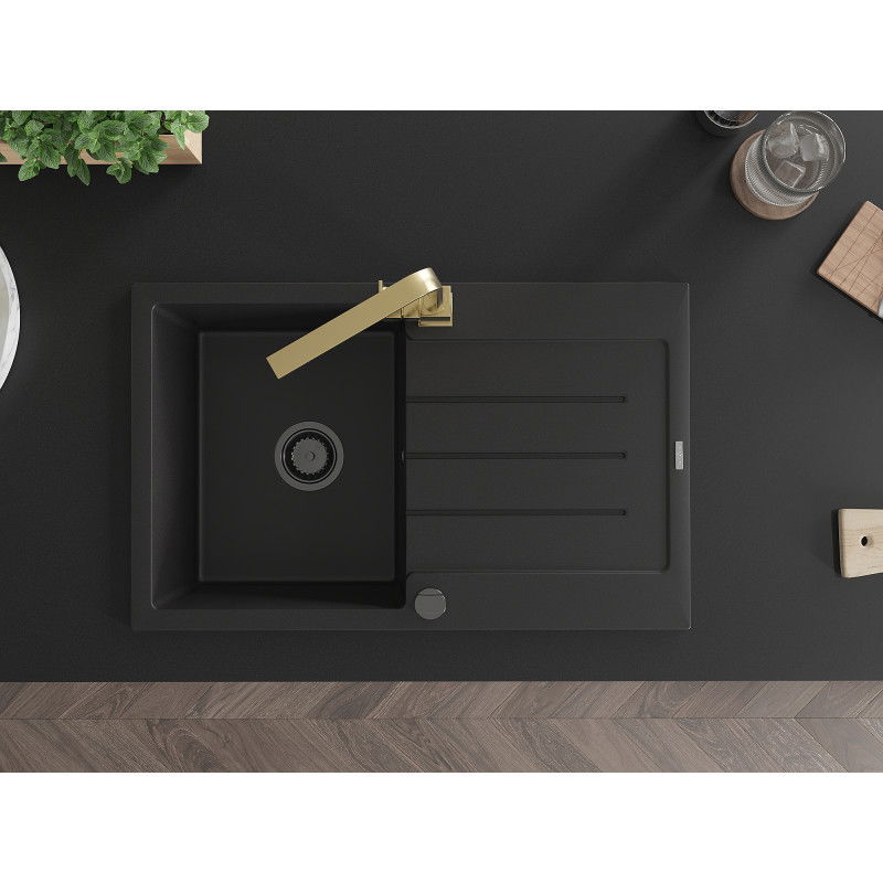 Mexen Bruno granitový dřez s 1 komorou, odkapávačem a kuchyňskou baterií Rita, černý - 6513-77-670300-50-B