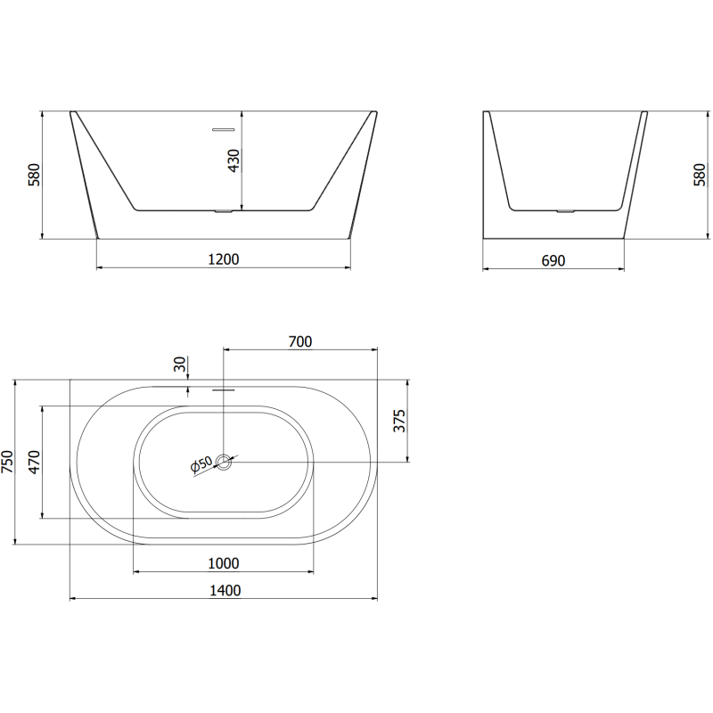 Mexen Oval volně stojící vanová polička 140 x 75 cm, bílá/černá, bílý přepad - 52671407575-20