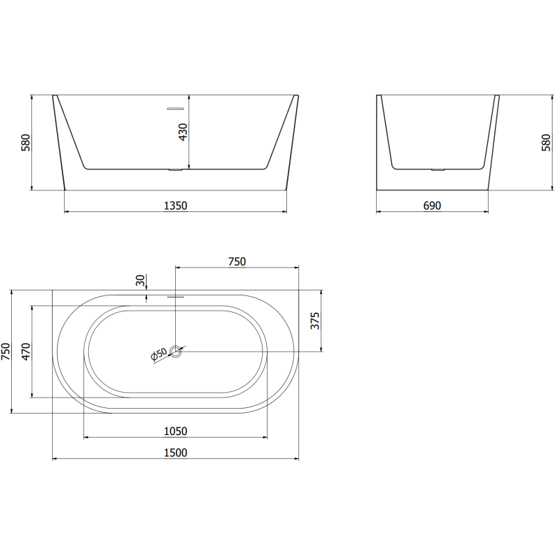 Mexen Oval volně stojící přisazená vana 150 x 75 cm, bílá, zlatý kartáčovaný přepad - 52671507500-55