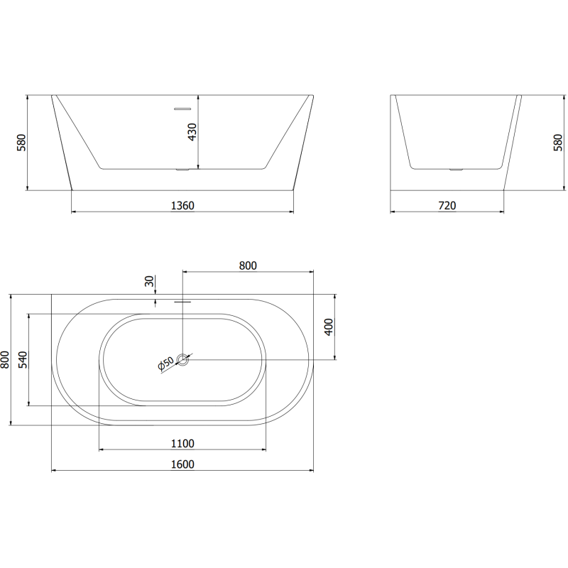 Mexen Oval volně stojící stěnová vana 160 x 80 cm, bílá, přeliv zlatý kartáčovaný - 52671608000-55