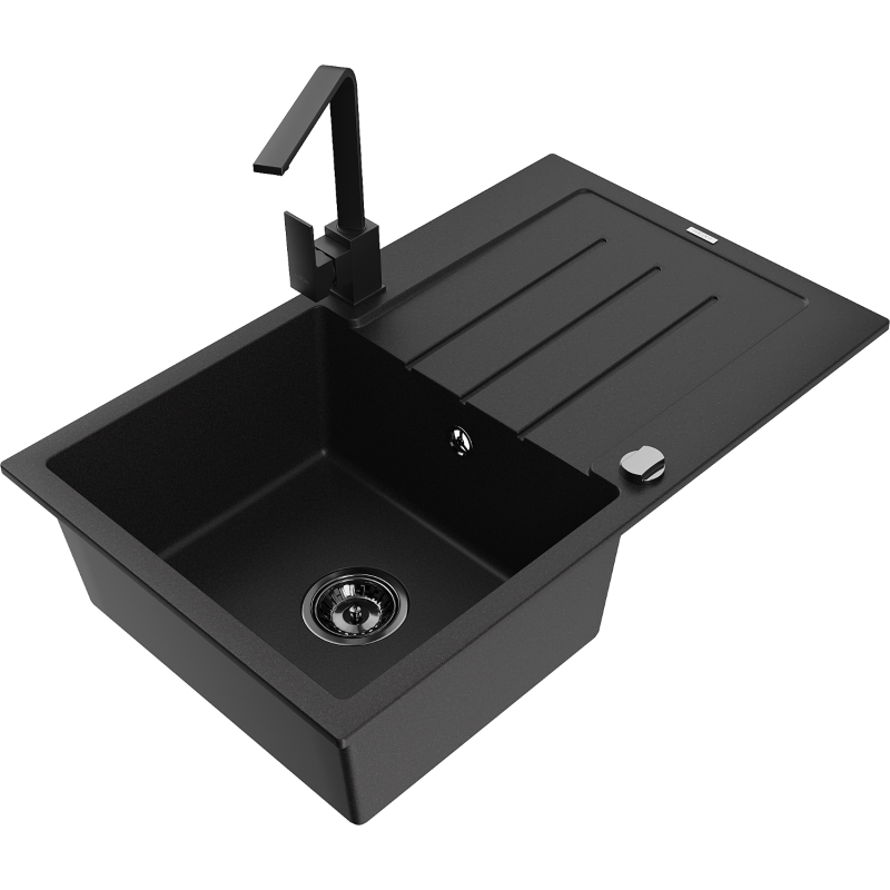 Mexen Bruno granitový dřez 1-komorový s odkapávačem a kuchyňskou baterií Rita, černý - 6513-77-670300-70-B