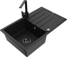 Mexen Bruno granitový dřez 1-komorový s odkapávačem a kuchyňskou baterií Rita, černý - 6513-77-670300-70-B