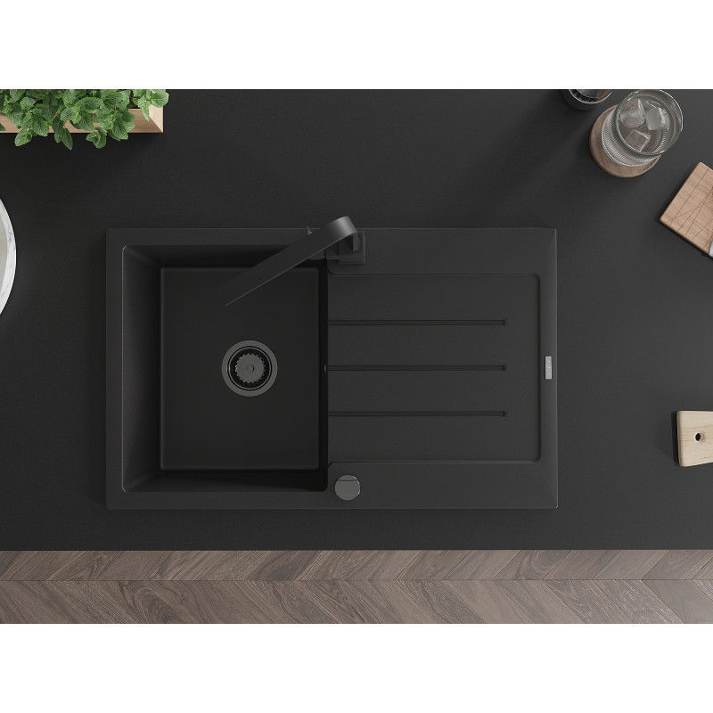Mexen Bruno granitový dřez 1-komorový s odkapávačem a kuchyňskou baterií Rita, černý - 6513-77-670300-70-B