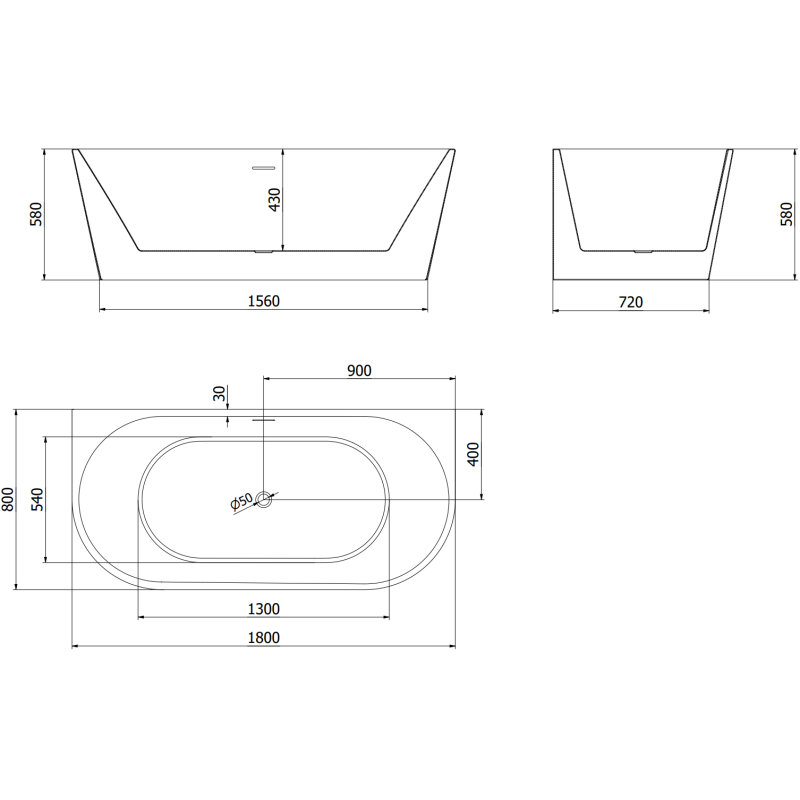 Mexen Oval volně stojící přisazená vana 180 x 80 cm, bílá, přepad kartáčovaný nikl - 52671808000-97